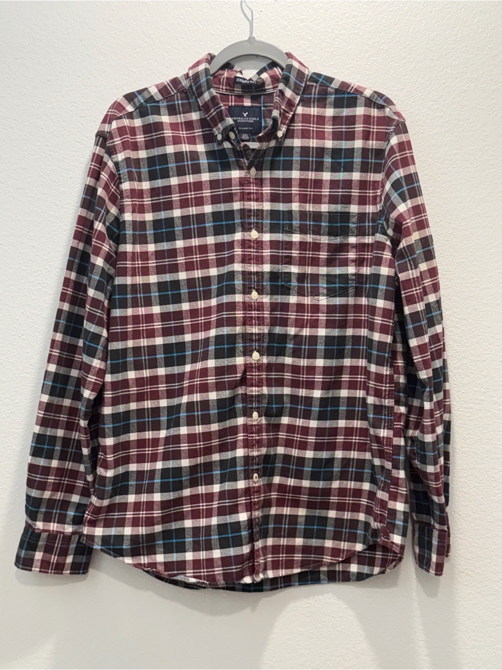 American Eagle "Seriously Soft" Flannel Shirt - Men's Large - Maroon/Cream Plaid